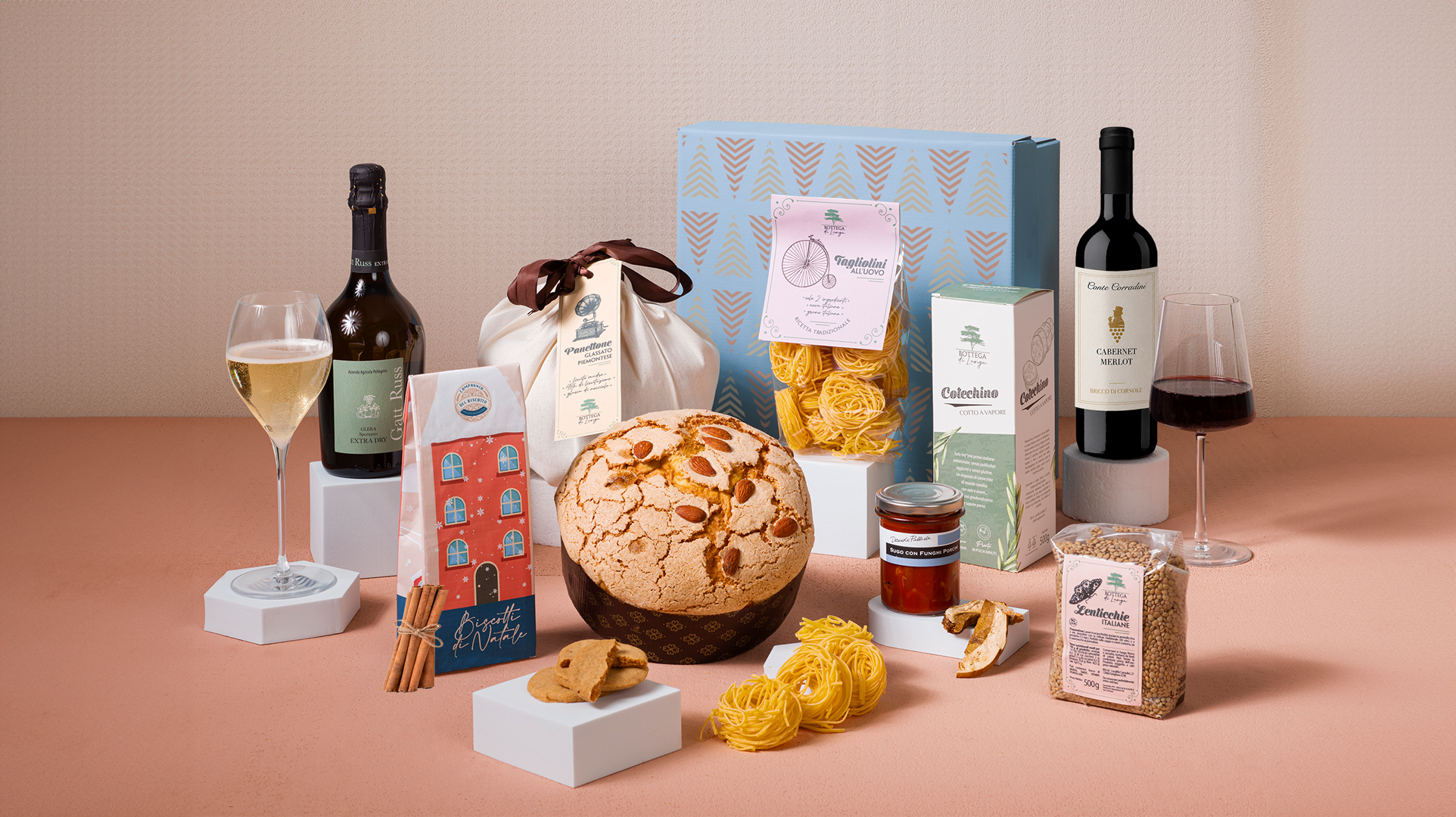 Eleganza – cesto natalizio aziendale con Panettone Fiasconaro e Trento DOC Ferrari | Riserva d'Italia